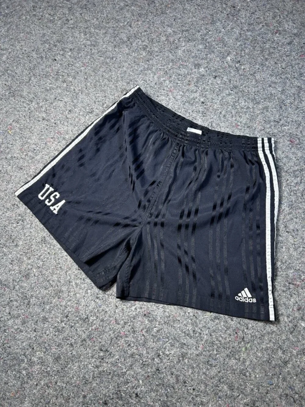 Adidas USA Vintage Soccer Shorts Sz L Black 3-Stripe Jacquard Striped Football
